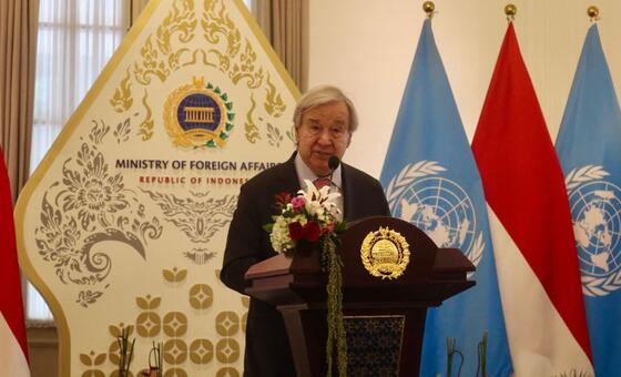 UN Secretary-General António Guterres delivers remarks at the Indonesian Ministry of Foreign Affairs in Jakarta.